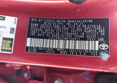 2021 Toyota Corolla Le из США, поврежденный, VIN 5YFEPMAEXMP236511